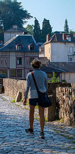 Personne marchant sur un vieux pont pavé vers des maisons à colombages, sous un ciel bleu.